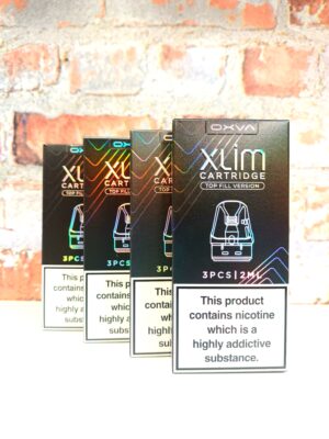 Collection of Xlim pod packs in front of a brick background