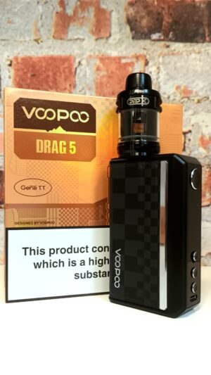 Voopoo Drag 5 kit in black in front of packaging box